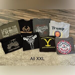 8 Men’s shirts XXL. Smith & Wesson, Realtree, Yellowstone, Trump, Ted Nugent